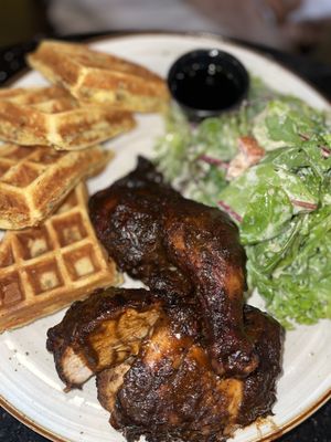 Waffles n chicken & mangu with codfish (not a fan of this type of mangu). We decided on brunch after a good church service!