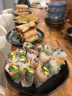 Rainbow Spring Rolls, Veggie Eggrolls, mini Bahn Xeo, Prawn Eggrolls