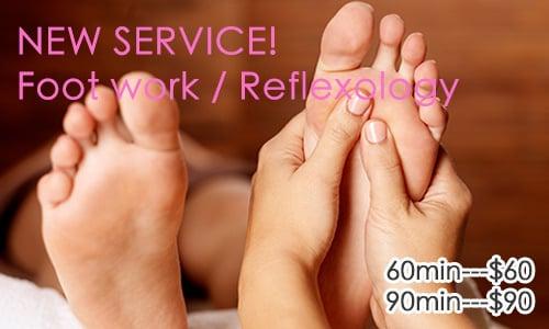 (NEW SERVICE)  Foot Work/Reflexology include nail trim, remove dry skin, hot water, hot oil, herbal soak and foot massage (no nail polish)