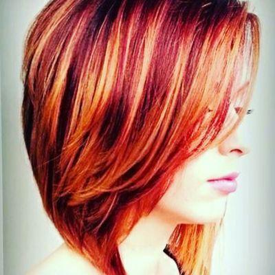 Beautiful fall look, multi tone red color with blonde highlights