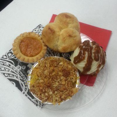 Mini sweet potato pie, dinner roll, broccoli cheese pie, & meatloaf and mashed potato cupcake w/gravy