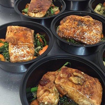 Wild Caught Salmon, Teriyaki Mushroom Glaze, Broccolini Carrot Salad