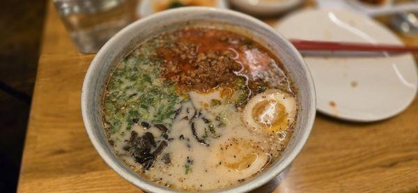 Sesame garlic ramen with ground pork, extra egg, and woodear mushroom