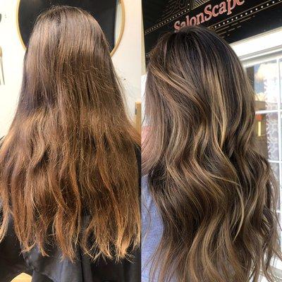 Balayage with gloss and olaplex, layered cut, blowout, and waves