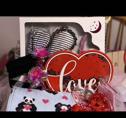 Valentine's Day 5 piece Bed Time Skin Care Kit with pajama bottoms, slipper cocks, heart shaped box of chocolates & make up remover pads.