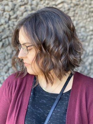 Rich brunette balayage and long bob by Analee