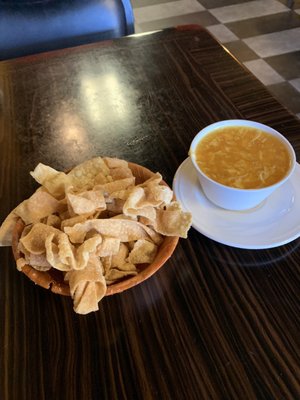 Egg drop soup with generous portion of complimentary chips