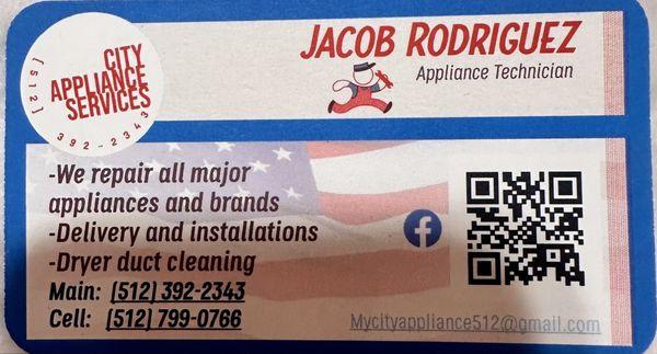 Business card of owner and technician of City Appliance Services