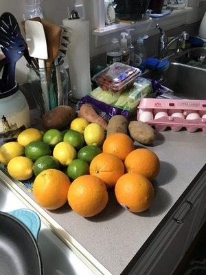 Navel oranges, lemons and limes, eggs, sweet potatoes, Idaho potatoes, lettuce, tomatoes.