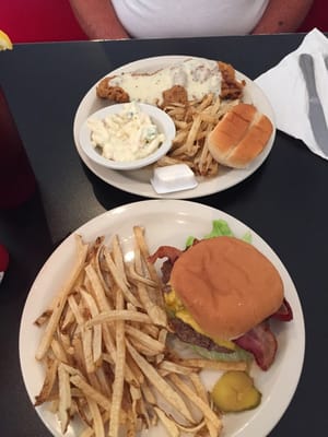 Lunch! Hand cut fries, bacon cheeseburger and country fried steak