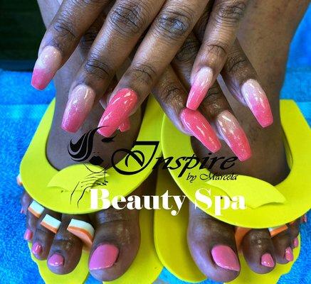 Full set of pink ombré acrylic nails & pedi