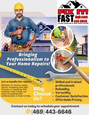 Fix-ItFast Home Solutions www.Fix-ItFast.com 24hr Handyman Services. We Serve The Entire DFW Metroplex. If we can't fix it, it's FREE