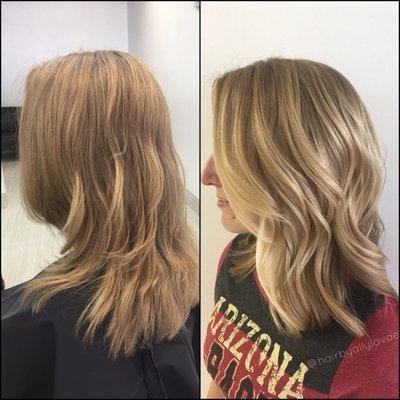 Before and after. Natural looking and low maintenance. Balayage by Allyson.