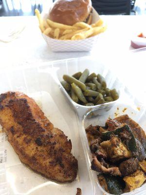 Blackened Catfish with a side of green beans and roasted veggies