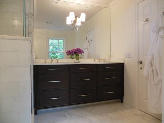 Transitional Master Bath renovation with a walnut vanity