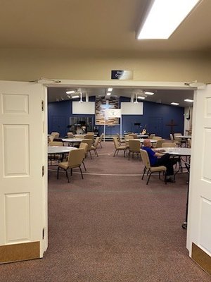 The church sanctuary set up for a men's breakfast.