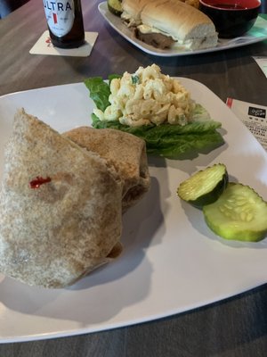 Southwestern turkey wrap with Mac salad and pickles!