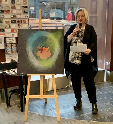 At Fairfield Suisun Visual Arts Association's gallery in Solano Town Center reading a poem I wrote about my painting, My Cells Are Galaxies.