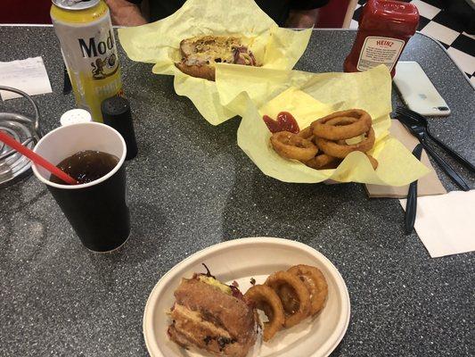 Pastrami Sandwich and Onion Rings