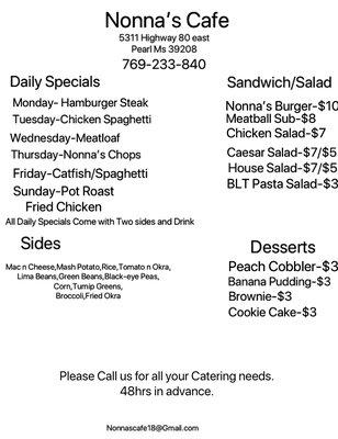 Lunch and sandwich/salad menu