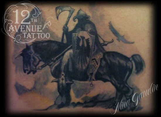 Death Dealer Molly Hatchet Color-Tattoo by Nina Gaudin of 12th Avenue Tattoo in Nampa, ID