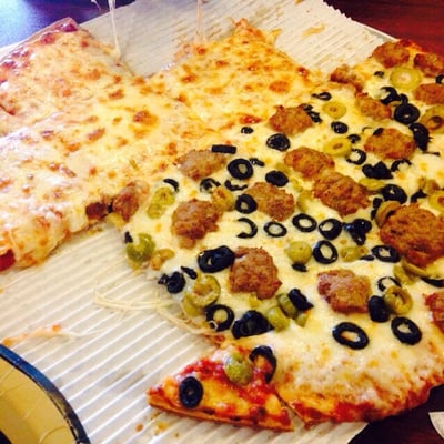 Half chesse, half italian sausage, black/green olives  Large 16.00 and VERY TASTY!