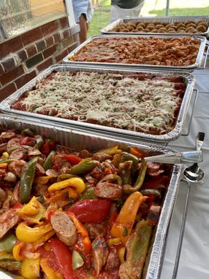 Sausage & Peppers, Eggplant Rollatini, Penne Vodka, Mini rice balls