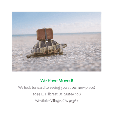 We have moved!
2955 E. Hillcrest Drive #108 Westlake Village, ca 91362