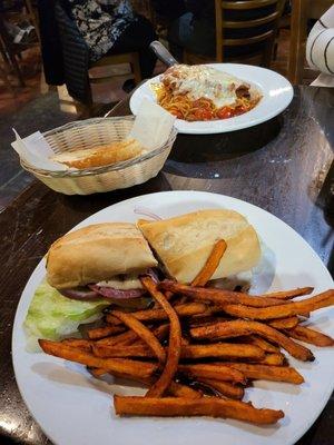 Eggplant Parmesan and Hot Italian Sub with Sweet Potato Fries