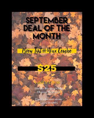 September Deal of the Month 
Brow Tint & Brow Wax $25