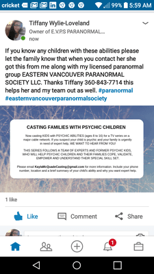 A&E cable channel looking for physic children for new TV show.