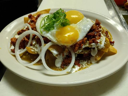 Chorizo chilaquiles with suni side egg