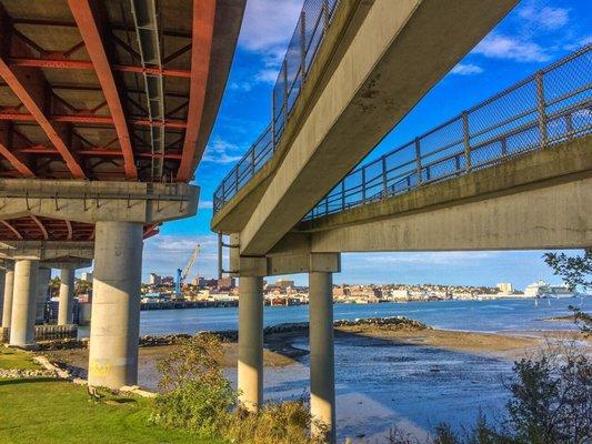 Underside of Casco Bay Bridge looking toward Portland