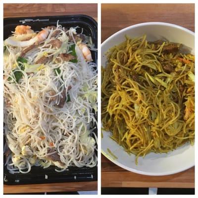 I ordered Singapore Rice Noodles. It's a spicy curry dish. To the left, what they gave me. To the right, how I had to doctor it up.