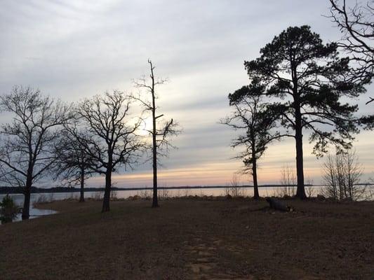 View of lake at sunset.