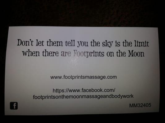 Business card for Footprints on the Moon Massage and Bodywork