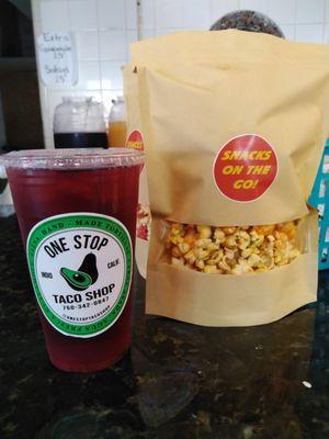 Cheddar Popcorn with Jamaica Agua Fresca