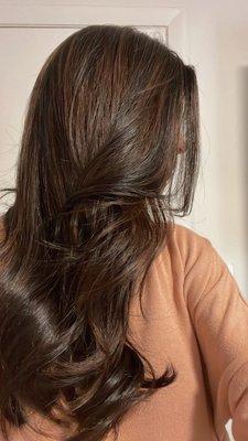 Long layer haircut and brown/copper natural style highlights