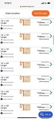 Prices of storage. First month is only $1