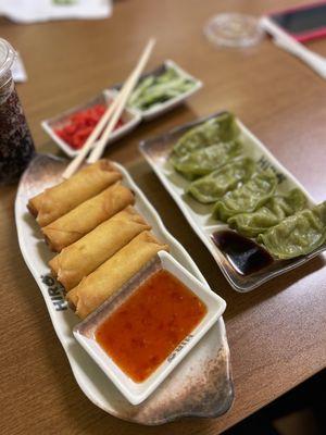 Veggie rolls, veggie gyoza (a must try!), pickled ginger, pickled cucumbers