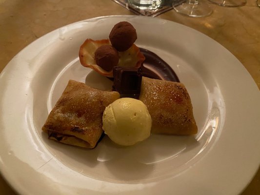 Crepes with dulce de leche and chocolate truffles.