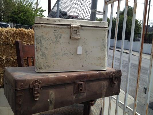 Perfectly chippy and rustic bread box and antique suitcase/small trunk.