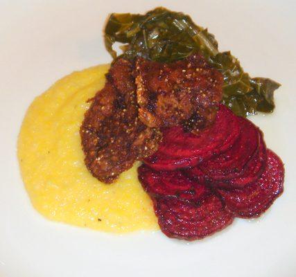 Crispy Chicken Livers with Beets, Collard Greens, and Grits