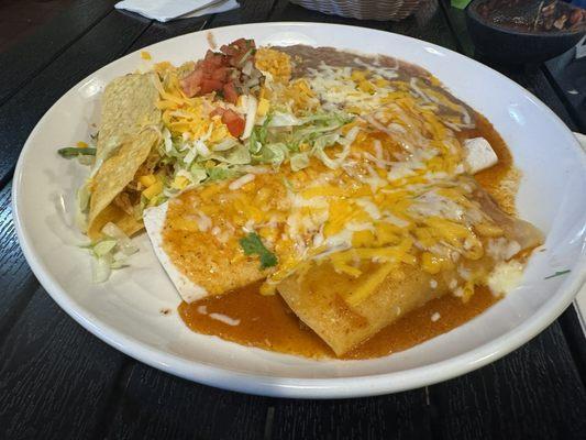 Burrito, enchilada, and taco wit rice and beans