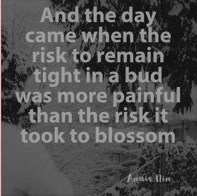 Take the risk, take the chance and keep living!  The more risk, the bigger the rewards.