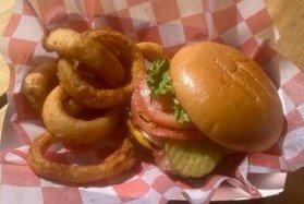 Bacon cheeseburger sub beer battered onion rings.