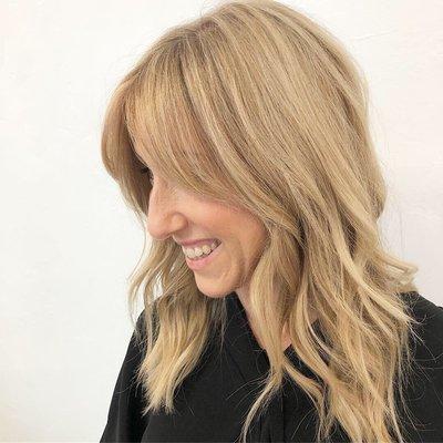 Soft blended highlights and French fringe by Dakota