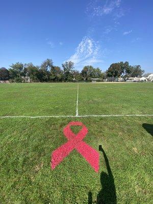 A request for a ribbon stencil for a soccer field. #breastcancerawareness #support #soccer