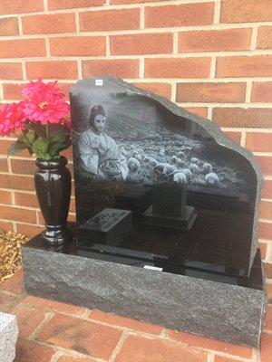 Black Granite Mountain Top Monument with Laser Etched Jesus Design.