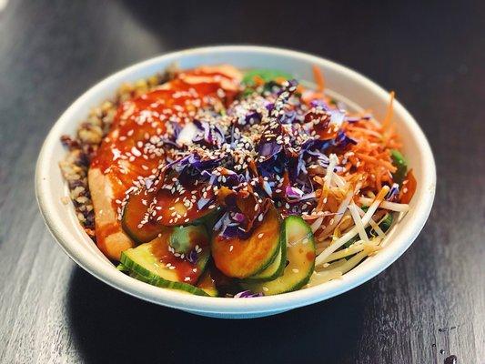 Southern Seoul Bowl - grain blend, cucumbers, red cabbage, marinated carrots, sesame bean sprouts, Seoul sauce and toasted sesame seeds